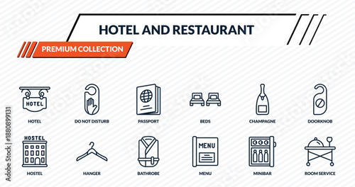 hotel and restaurant icons set - hotel, do not disturb, passport, hanger, room service outline vector collection.