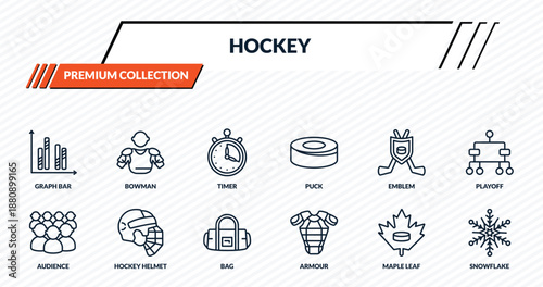 hockey icons set - graph bar, bowman, timer, hockey helmet, snowflake outline vector collection.