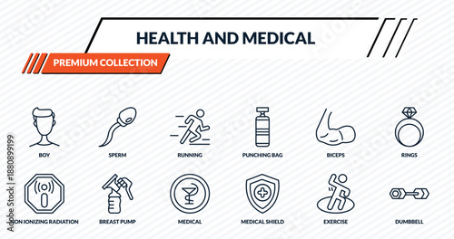 health and medical icons set - boy, sperm, running, breast pump, dumbbell outline vector collection.