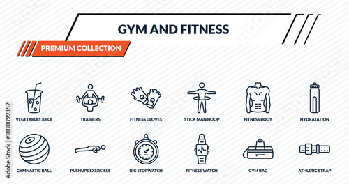 gym and fitness icons set - vegetables juice, trainers, fitness gloves, pushups exercises, athletic strap outline vector collection.
