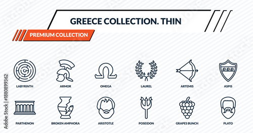 greece collection. thin icons set - labyrinth, armor, omega, broken amphora, plato outline vector collection.