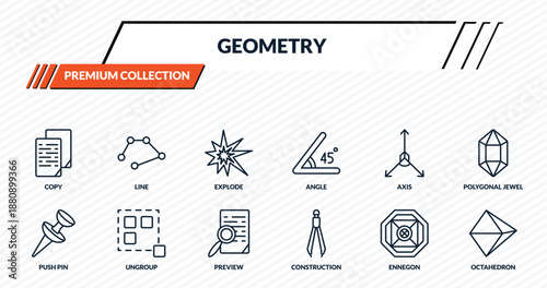 geometry icons set - copy, line, explode, ungroup, octahedron outline vector collection.