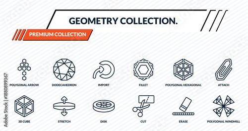 geometry collection. icons set - polygonal arrow up, dodecahedron, import, stretch, polygonal windmill outline vector collection.