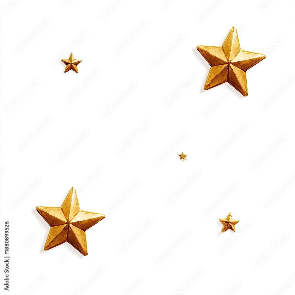 Obraz premium Gold stars in varying sizes scattered on a white backdrop, shadows visible