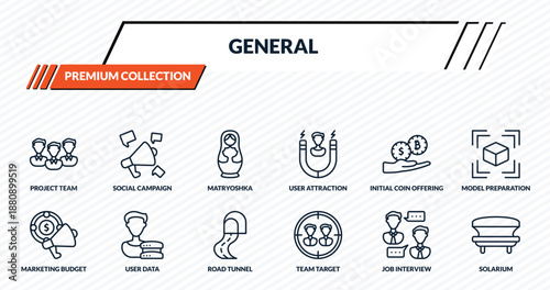 general icons set - project team, social campaign, matryoshka, user data, solarium outline vector collection.