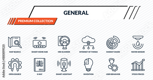 general icons set - map search, smart home hub, mri scanner, x-ray, stock prices outline vector collection.