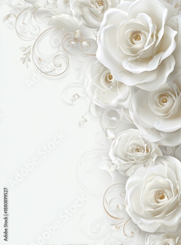 Elegant white roses cascading with golden swirls on a soft, muted background