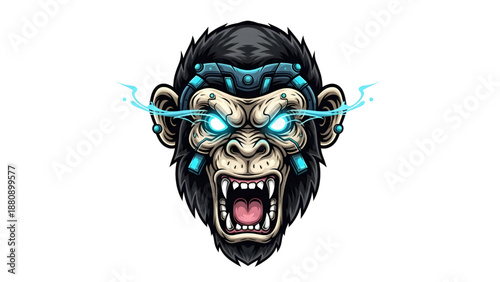 Cybernetic gorilla head with glowing blue eyes and robotic enhancements