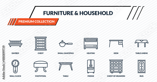 furniture & household icons set - daybed, chest, small saucepan, footstool, rug outline vector collection.