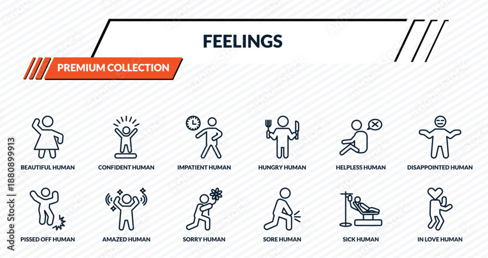 Fototapeta premium feelings icons set - beautiful human, confident human, impatient human, amazed in love outline vector collection.