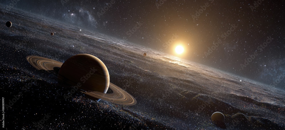 Fototapeta premium Saturn-like planet and its rings, moons, and sun in cosmic scene