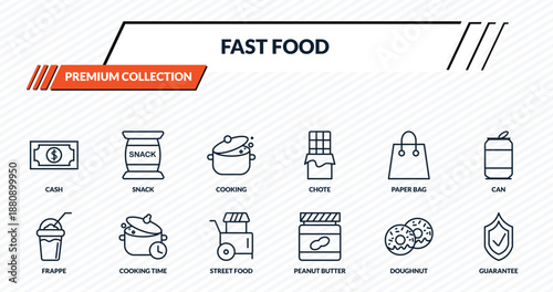 fast food icons set - cash, snack, cooking, cooking time, guarantee outline vector collection.