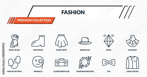 fashion icons set - wool scarf, footwear, short skirt, monocle, long sleeves outline vector collection.
