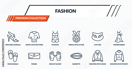 fashion icons set - high heel sandals, jacket with buttons, pajamas, purses, sweater with pocket outline vector collection.