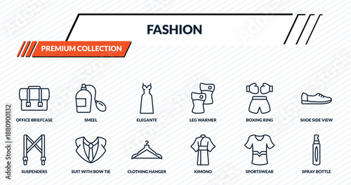 fashion icons set - office briefcase, smeel, elegante, suit with bow tie, spray bottle outline vector collection.