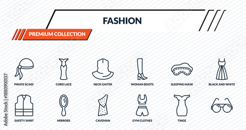 fashion icons set - pirate scarf, cord lace, neck gaiter, mirrors, outline vector collection.
