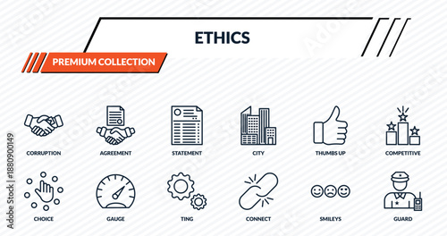 ethics icons set - corruption, agreement, statement, gauge, guard outline vector collection.