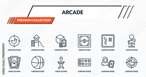 arcade icons set - curtain stage, curtain stage, curtain stage, outline vector collection.