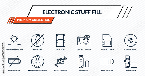 electronic stuff fill icons set - brightness option, flash off, film roll, minute countdown, handy cam outline vector collection.
