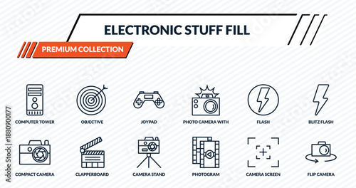 electronic stuff fill icons set - computer tower, objective, joypad, clapperboard, flip camera outline vector collection.