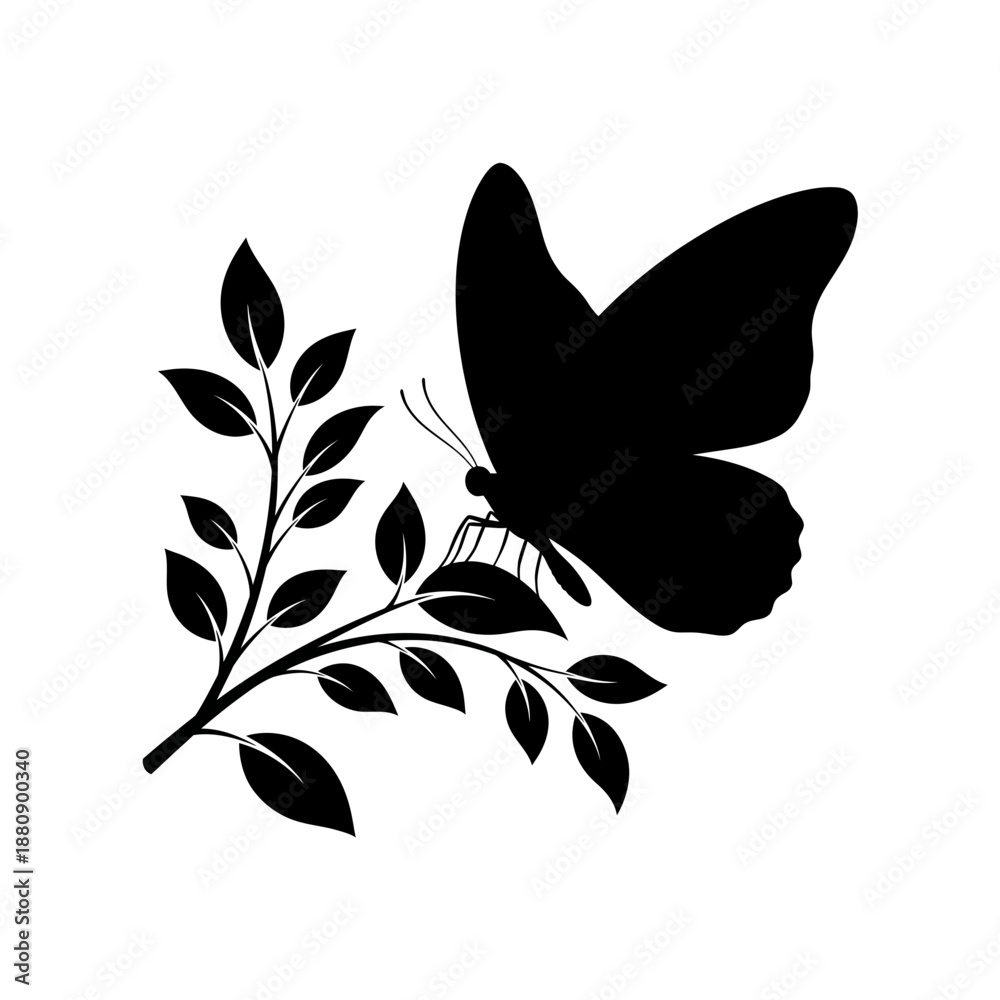 Fototapeta premium Bold Black Silhouette of a Butterfly on a Branch with Leaves and Implied Airflow