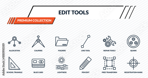 edit tools icons set - allocation, calipers, folders, blue card, registration mark outline vector collection.