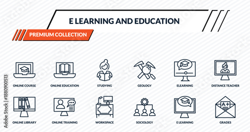 e learning and education icons set - online course, online education, studying, online training, grades outline vector collection.