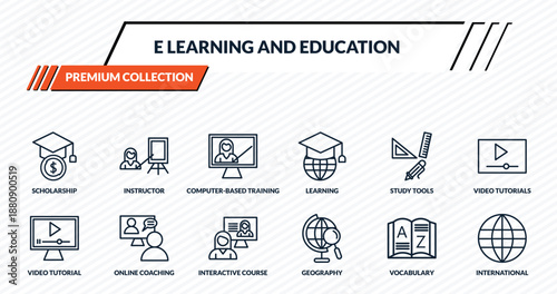 e learning and education icons set - scholarship, instructor, computer-based training, online coaching, international outline vector collection.