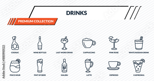 drinks icons set - cognac, wine bottles, last word drink, pint of beer, caipiroska outline vector collection.