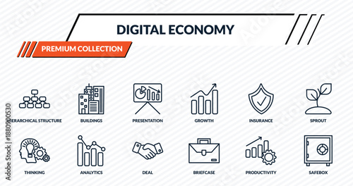 digital economy icons set - hierarchical structure, buildings, presentation, analytics, safebox outline vector collection.