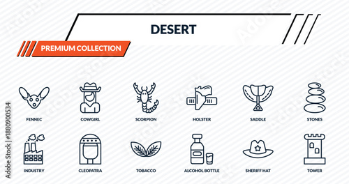 desert icons set - fennec, cowgirl, scorpion, cleopatra, tower outline vector collection.