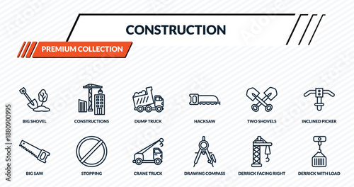 construction icons set - big shovel, constructions, dump truck, stopping, derrick with load outline vector collection.