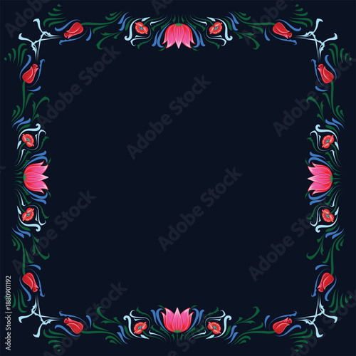 Vibrant floral frame inspired by Bangladeshi Rickshaw painting. Symmetrical folk art border for Pohela Boishakh posters, cultural branding, and ethnic invitations. Folk Vector Floral Border.