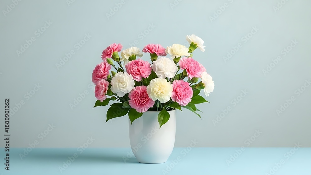 Fototapeta premium Beautiful bouquet of pink and white roses in a white vase on a light blue background