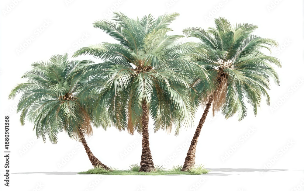 Obraz premium Three palm trees with feathery fronds, isolated on white, tropical vibe