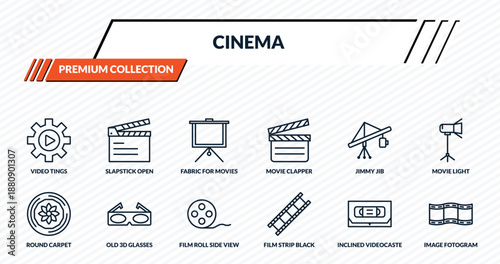 cinema icons set - video tings, slapstick open, fabric for movies, old 3d glasses, image fotogram outline vector collection.