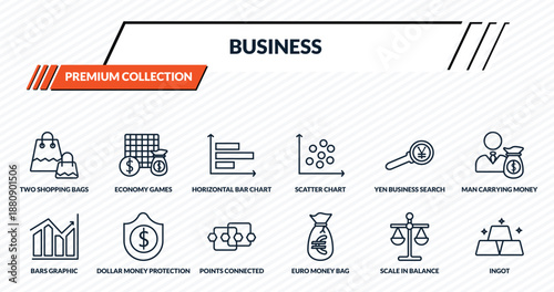 business icons set - two shopping bags, economy games, horizontal bar chart, dollar money protection, ingot outline vector collection.
