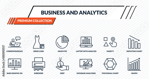 business and analytics icons set - correspondence, dress code, graph pie, shredder, graph outline vector collection.