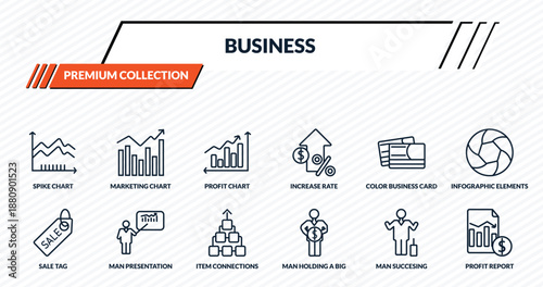 business icons set - spike chart, marketing chart, profit chart, man presentation, profit report outline vector collection.