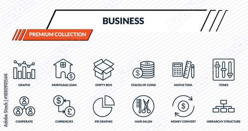 business icons set - graphs, mortgage loan, empty box, currencies, hierarchy structure outline vector collection.