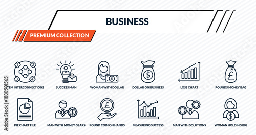 business icons set - item interconnections, success man, woman with dollar bill, man with money gears, woman holding big coin outline vector collection.