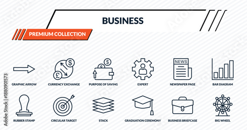business icons set - graphic arrow, currency exchange, purpose of saving money, circular target, big wheel outline vector collection.
