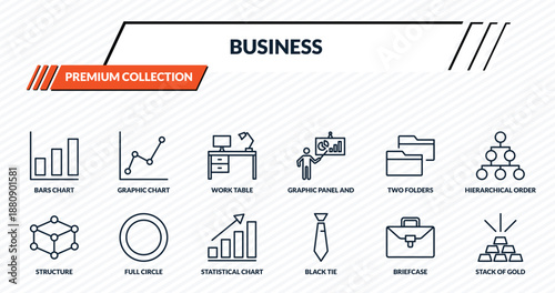 business icons set - bars chart, graphic chart, work table, full circle, stack of gold outline vector collection.