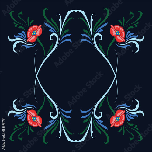 Vibrant floral motif inspired by traditional Bangladeshi Rickshaw painting. Symmetrical folk art design for Pohela Boishakh posters, greetings, and cultural branding. Traditional Bengali Rickshaw Art 