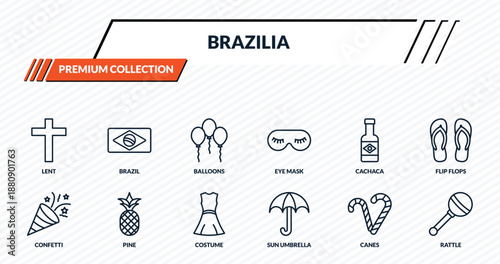 brazilia icons set - lent, brazil, balloons, pine, rattle outline vector collection.