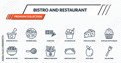 bistro and restaurant icons set - mortar with e, combine meal, sushi mix, restaurant fried egg, salad fork outline vector collection.