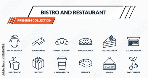bistro and restaurant icons set - pot with cover, butcher knife, bakery croissant, cake box, two cherries outline vector collection.