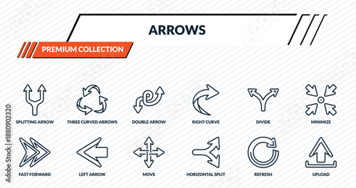 arrows icons set - splitting arrow, three curved arrows, double arrow, left arrow, upload outline vector collection.