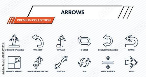 arrows icons set - underline up arrow, turn left, upward, up and down arrows, right outline vector collection.