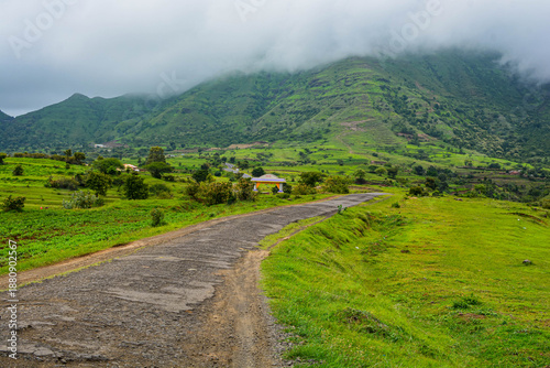 Rainy Mountain Pass: Cinematic View of Curved Road in Foggy Weather
